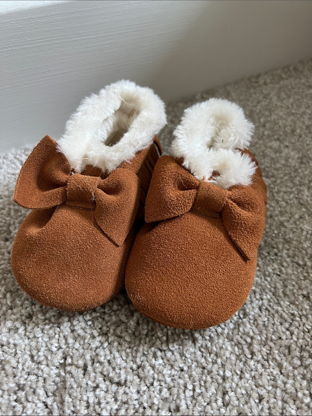 BearPaw Baby Bow Lined Moccasin Slippers in Brown and Cream